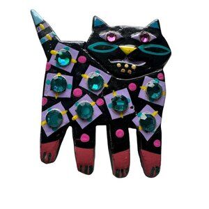 Handcrafted Cat Lady Brooch Colorful Rhinestone Geometric Design Pin Art to Wear